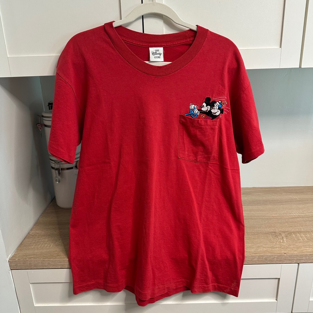 VTG Disney Store Pocket T-Shirt Adult L Red Mickey Minnie Embroidered USA 90s